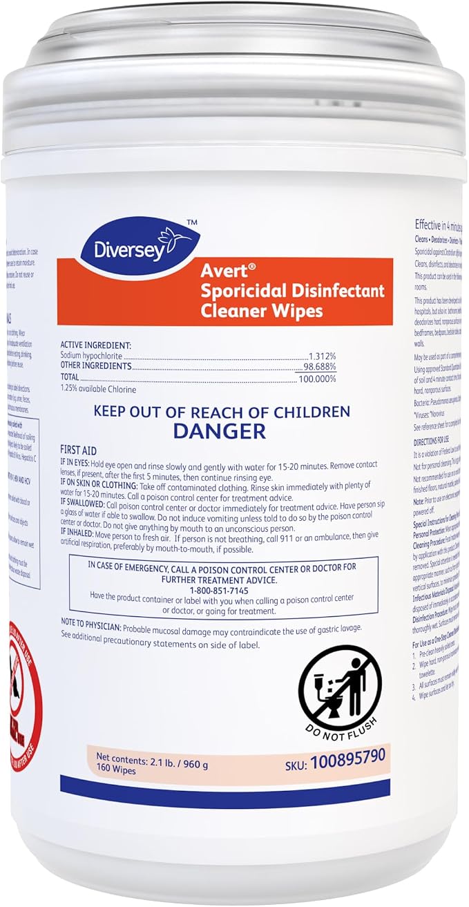 Diversey 100895790 Avert Sporicidal Disinfectant Cleaner, Hospital Grade Kills C. Difficile Spores, Standard Size Wipes, 160-Wipes, 1-Canister