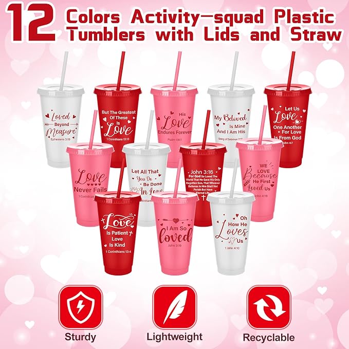 Meanplan 24 Packs Valentine's Day Christian Gift 24 oz Plastic Valentine Scripture Tumbler with Lids and Straws Jesus Bible Verse Cups Religious Church Gifts for Women Men Valentine's Party Favors