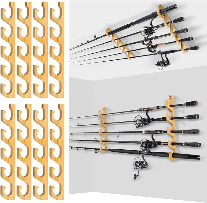 PLUSINNO H5W Horizontal Fishing Rod/Pole Holders for Garage, Wall or Ceiling Mounted Rack, Solid Wood Fishing Rod Holder Holds up to 5/10/20 Rods or Combos Fishing Gear, Gifts for Men