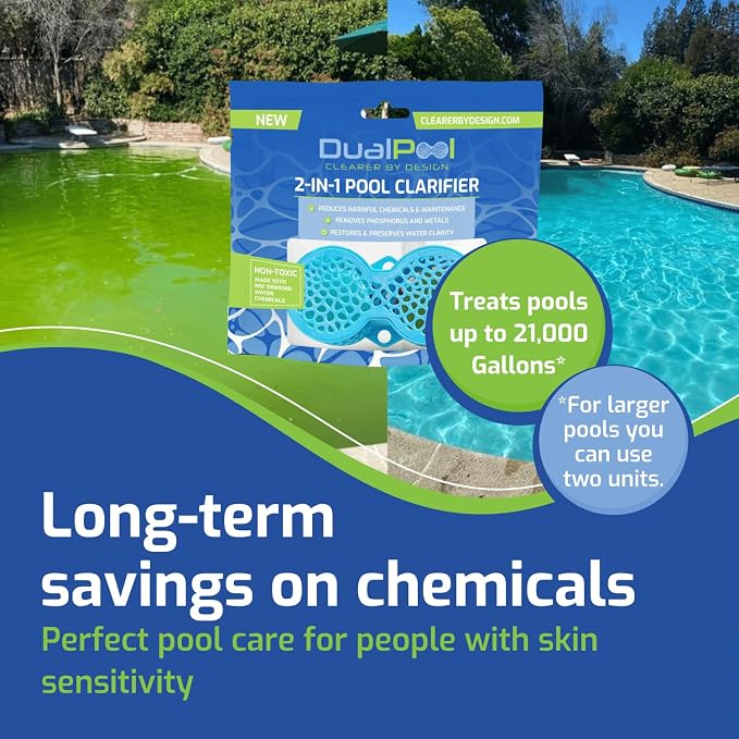 2-in-1 Self-Dosing Pool Clarifier - Non-Toxic Pool Clarifier with Phosphate & Metal Remover for Crystal Clear Water, Treats up to 21,000 Gallons, Safe for Use in Saltwater & All Pool Types