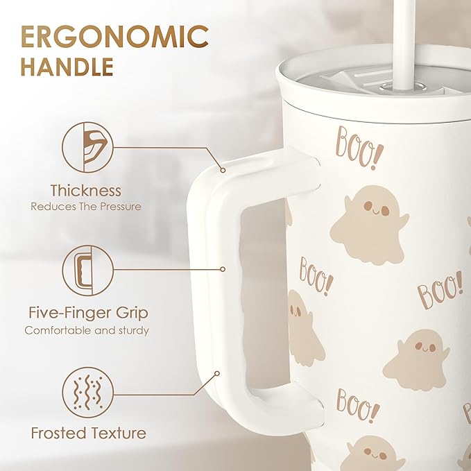 SANDJEST Boo Tumbler with Handle and Straw 40oz – Stainless Sleel Slider Tumbler Travel Coffee Mug for Women - Gift Idea for Fall Autumn Halloween Christmas