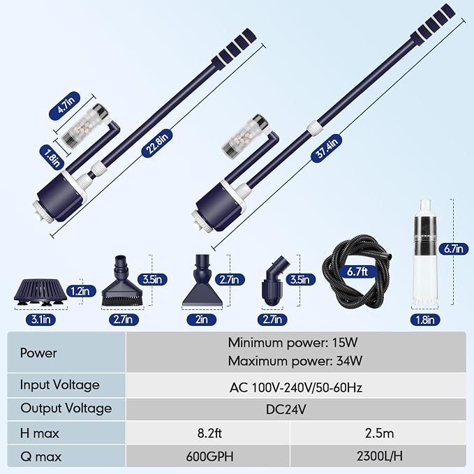 AQQA Fish Tank Cleaner,DC 34W/600GPH Adjustable Water Flow Aquarium Gravel Vacuum,Multi-Filtration Purifies Water Electric Cleaning Kit for Water Change Water Circulation Wash Sand Gravel 110V-240V