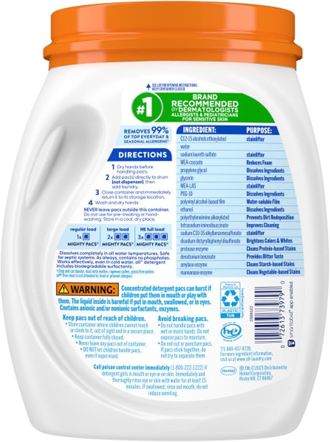 all free clear, Advanced OXI, MIGHTY PACS, Laundry Detergent Pacs, Stainfighting, Unscented and Hypoallergenic for Sensitive Skin, 56 Count (Pack of 2)