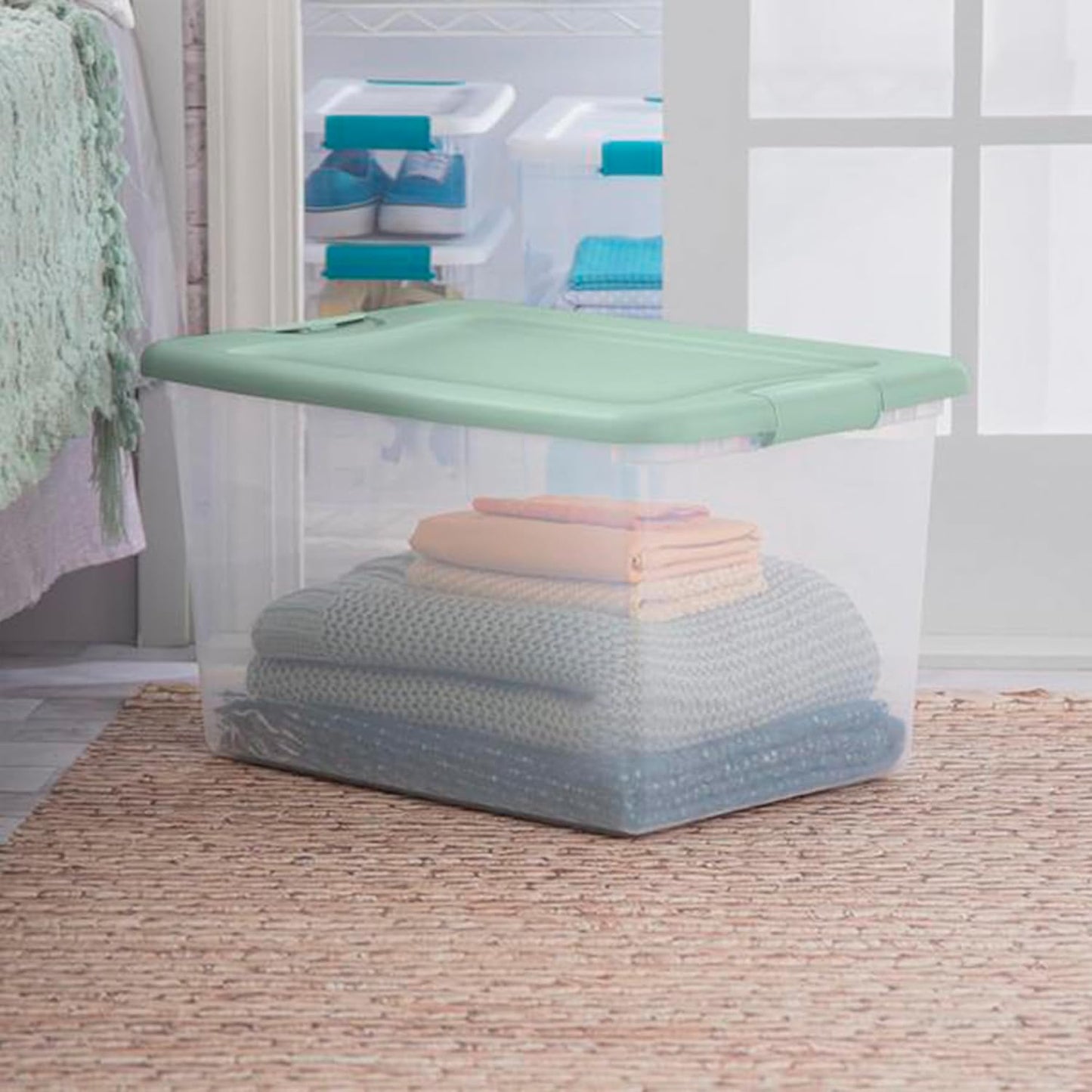 Sterilite 6 Pack Latching Box, Clear Plastic Stackable Storage Bin with Lid, 64 Quart, Mindful Mint