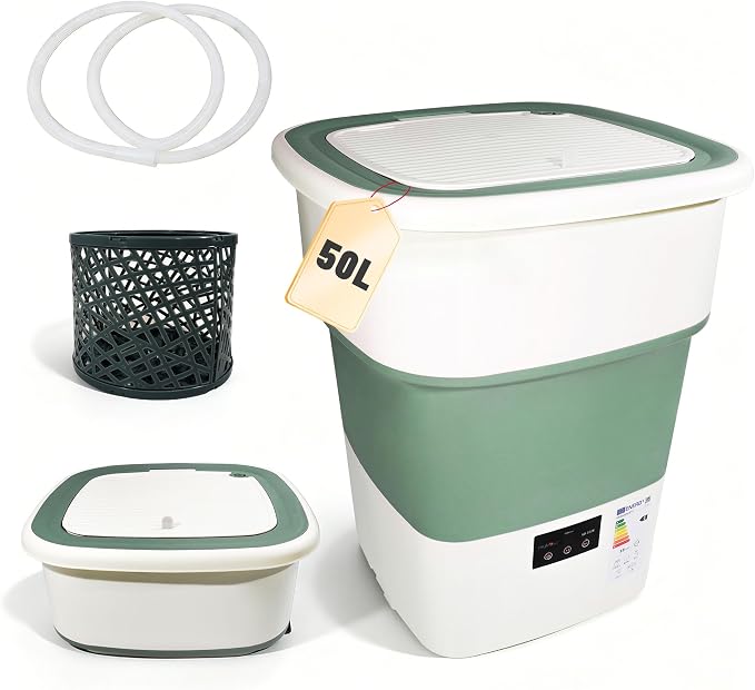 Portable Washing Machine, 50L Large Capacity Foldable Mini Washer with Spin Basket, Adjustable Wash 2–10 Min & Spin 1–6 Min Timer, for Apartment, RV, Camping, Dorm, Travel (Green)