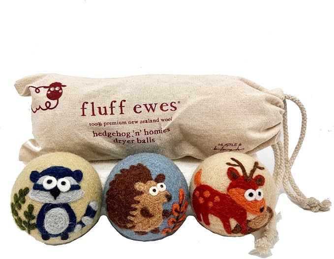 Hustle & Blush Wool Dryer Balls and Essential Oils Blend Bundle Laundry Set, Reduces Drying Time with Long Lasting Fresh Scent Laundry Supplies - 3 Pack Hedgehog & Homies & 15 ml Lavender Rain Oil