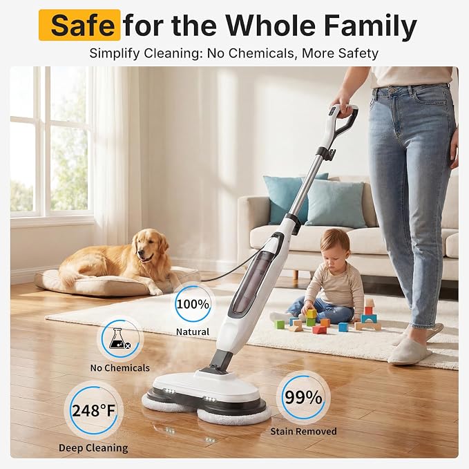NEWBULIG Steam Mop, All-in-One Steam Mops for Floor Cleaning with Rapid Re-heat, Self-Standing Floor Steamer, 4 Rotating Scrub Pads, 2 LED Headlights, for Hardwood Floors & Tile