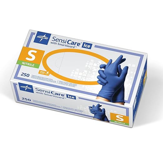 Medline MDS6800 SensiCare Ice Nitrile Exam Glove, Powder-Free with SmartGuard Film, 9.5" Length, XS, Dark Blue, Pack of 2500