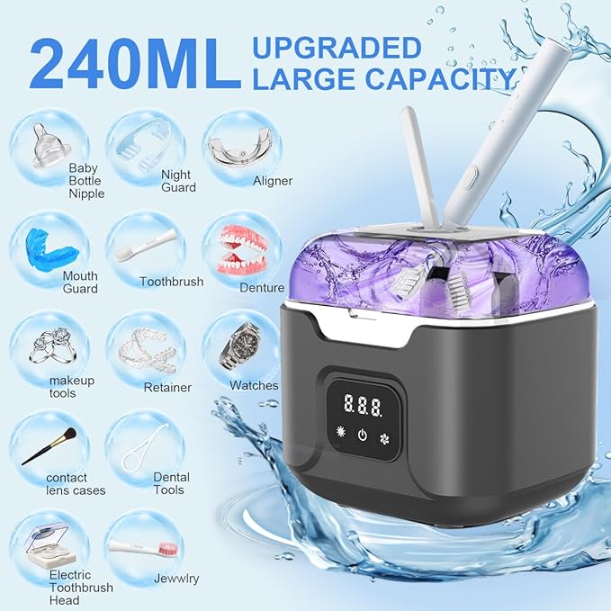 Ultrasonic Retainer Cleaner Machine, 48kHz Ultrasonic Dentures Cleaner with Timer & 4 Modes, 240ML Dental Pod for Mouth Guards, Braces, Aligner, Toothbrush, Jewelry, Makeup tool (Black)