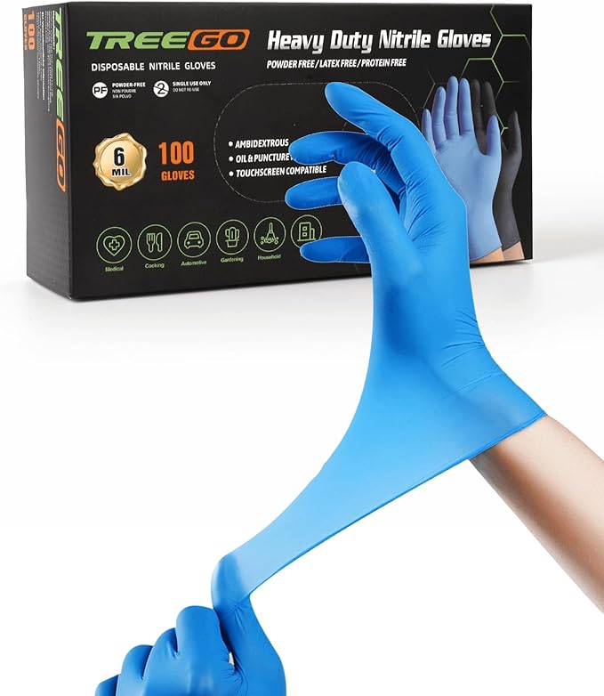 TREEGO 6 Mil Blue Nitrile Gloves XLarge – Heavy Duty Disposable Latex & Powder Free, Chemical Resistant, Textured Grip for Automotive, Industrial, and Cleaning – 100 Count