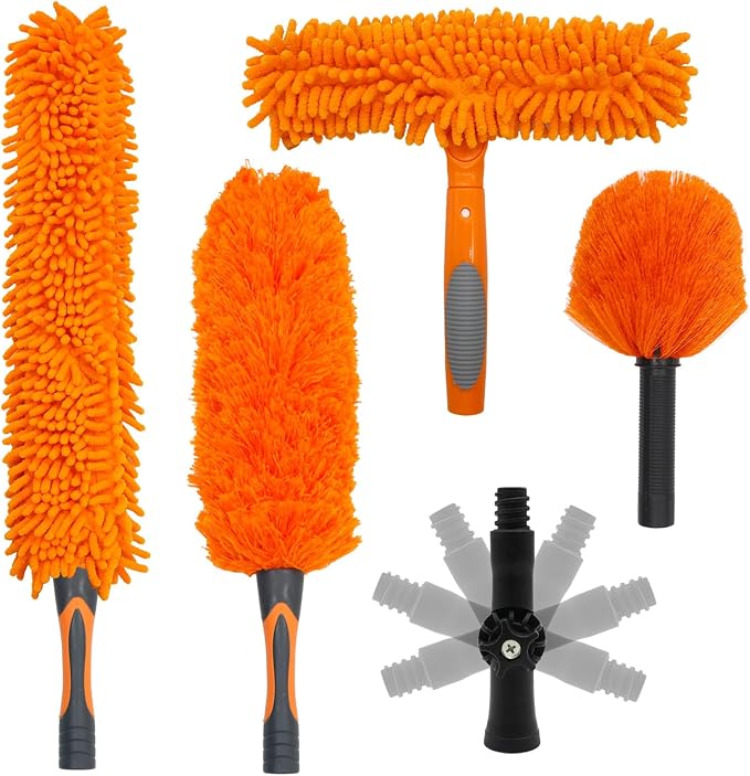 High Ceiling Duster Replacement Heads for Cleaning Fits Standard Threaded Poles, Duster Attachment with Ceiling Fan Cleaner Cobweb Duster Window Squeegee Microfiber Feather Duster Head Swivel Joint