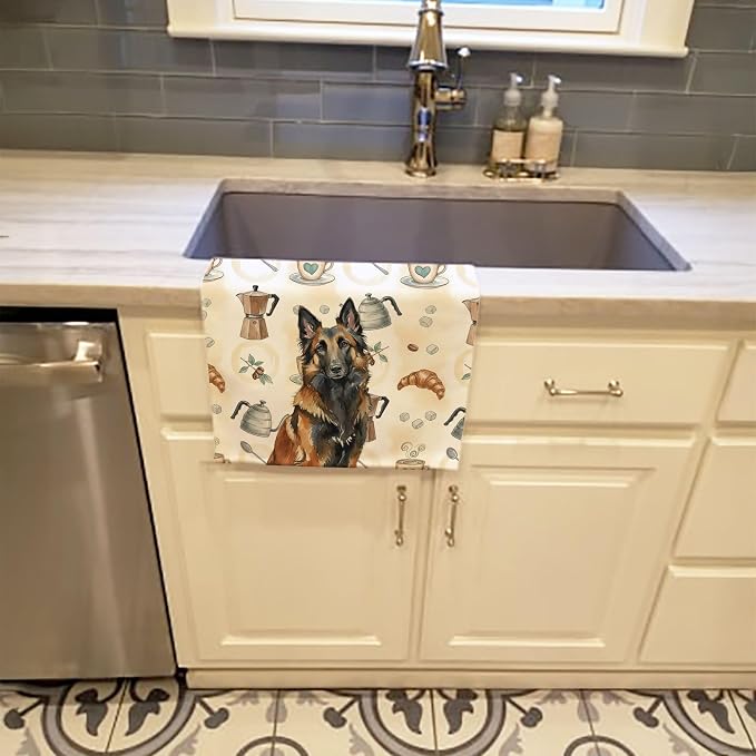 Caroline's Treasures Belgian Tervuren Coffee Bar Kitchen Towel Velour Plush Front and Cotton Loop Back Machine Washable