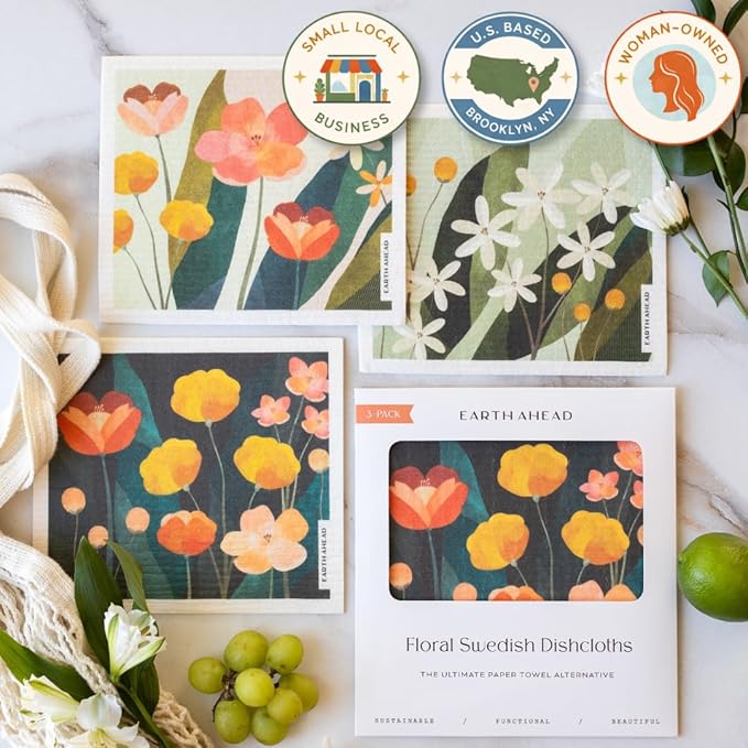 Swedish Dishcloths – Wildflower Garden Floral Designs – Reusable Compostable Cellulose Sponge Cloth – Eco-Friendly Paper Towel Alternative 3 Pack