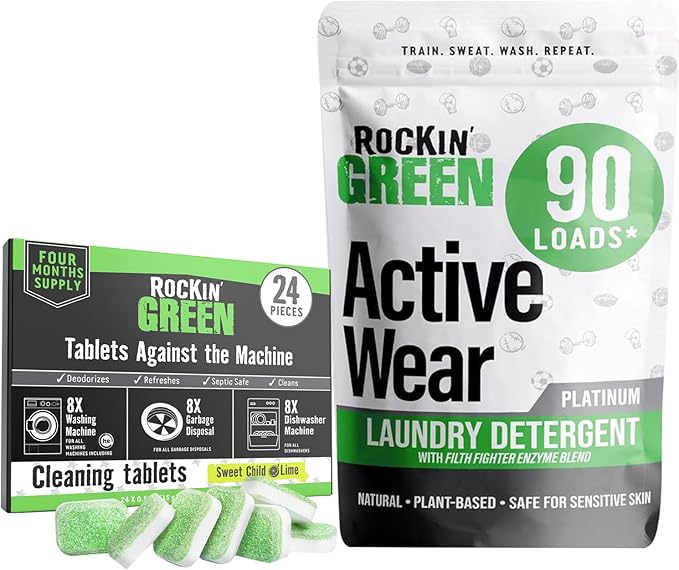 Rockin' Green Laundry Detergent Active Wear 90 Loads Unscented (45 Oz) and Washing Machine, Dish Washer and Garbage Disposal Cleaning Tablets (24 Pack) - Natural Laundry Detergent Powder, Odor Fighter