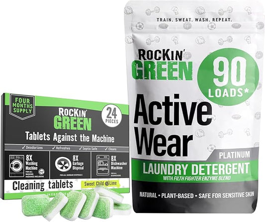 Rockin' Green Laundry Detergent Active Wear 90 Loads Unscented (45 Oz) and Washing Machine, Dish Washer and Garbage Disposal Cleaning Tablets (24 Pack) - Natural Laundry Detergent Powder, Odor Fighter