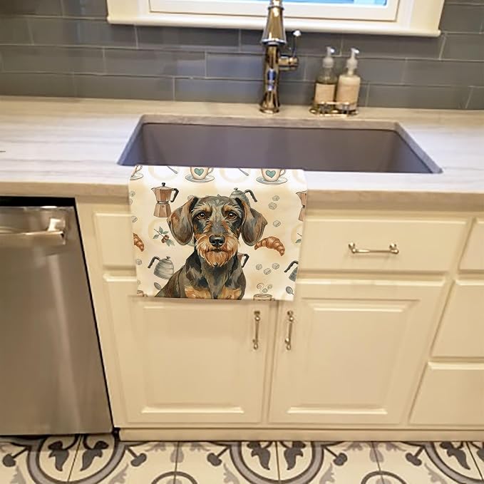 Caroline's Treasures Wirehaired Wild Boar Dachshund Coffee Bar Kitchen Towel Velour Plush Front and Cotton Loop Back Machine Washable