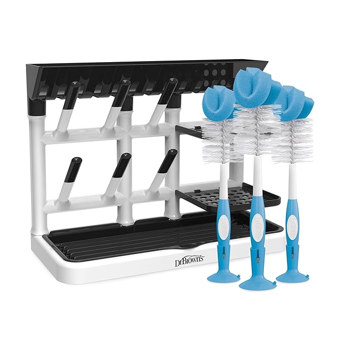 Dr. Brown's Drying Tower, Stand-Up Rack with Reusable Sponge Baby Bottle Cleaning Brush Set, 3-Pack, Blue