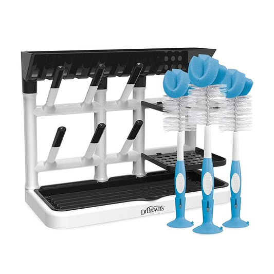 Dr. Brown's Drying Tower, Stand-Up Rack with Reusable Sponge Baby Bottle Cleaning Brush Set, 3-Pack, Blue