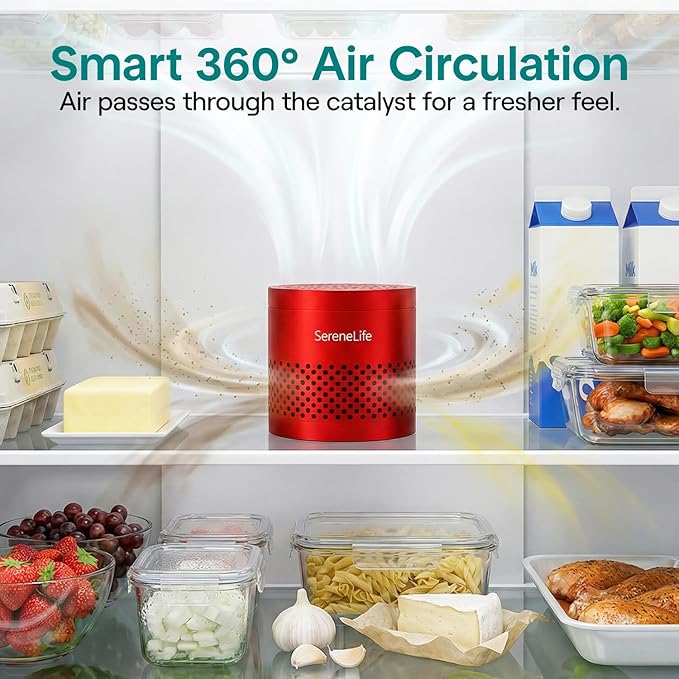 SereneLife Fridge Deodorizer & Odor Eliminator, Multi-Use Refrigerator Deodorizer Aluminum Pod for Freezer, Closet, Car, Shoes & Enclosed Spaces, Compact, Reusable & Lasts Up to 10 Years (Red)