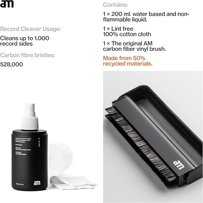 am Vinyl Record Cleaning Kit – Carbon Fiber Anti-Static Record Brush, 200ml (6.8 oz) Vinyl Record Cleaner & Microfiber Cloth – Essential Record Player Accessories for LP Care