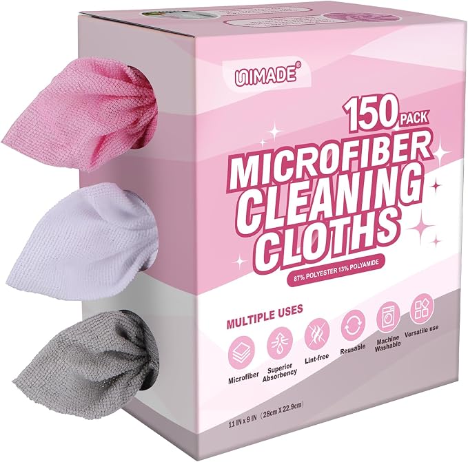 UNIMADE Microfiber Cleaning Cloth, 150 Pack Reusable Paper Towels Microfiber Towels for Cars Lint Free Shop Rags with Box for Home Kitchen Automotive, 11"x 9", White & Grey & Pink