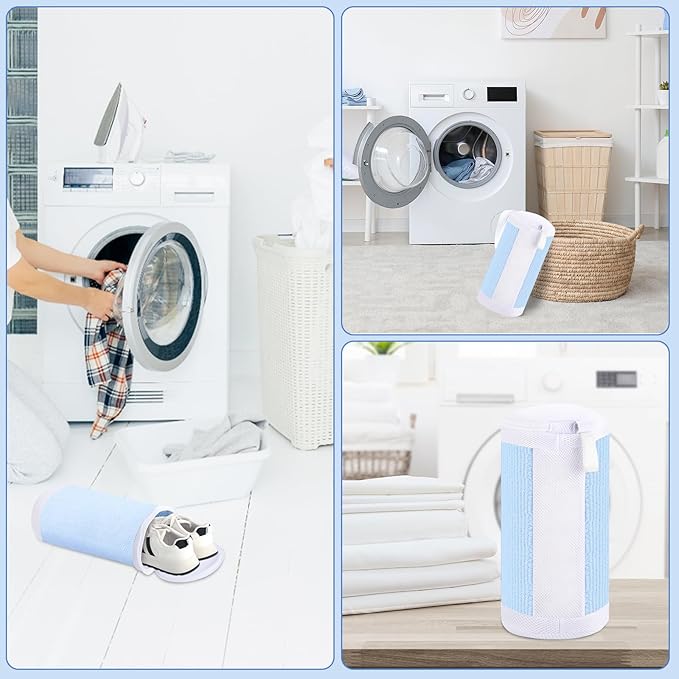 Dntorx Shoe Washing Machine Bags, 2 PCS Reusable Blue+White Chenille Laundry Bags for Washing Machine, 360 Wrap-Around Clean Shoe Laundry Bags with Hidden Zipper