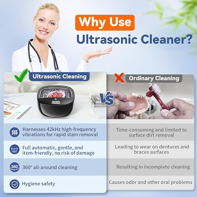 Ultrasonic Retainer Cleaner Machine, 45kHz Dental Cleaning Pod for Dentures, Aligners, Night Guards & Jewelry, 130ML Denture Cleaner 2 Timed Modes & Travel Design
