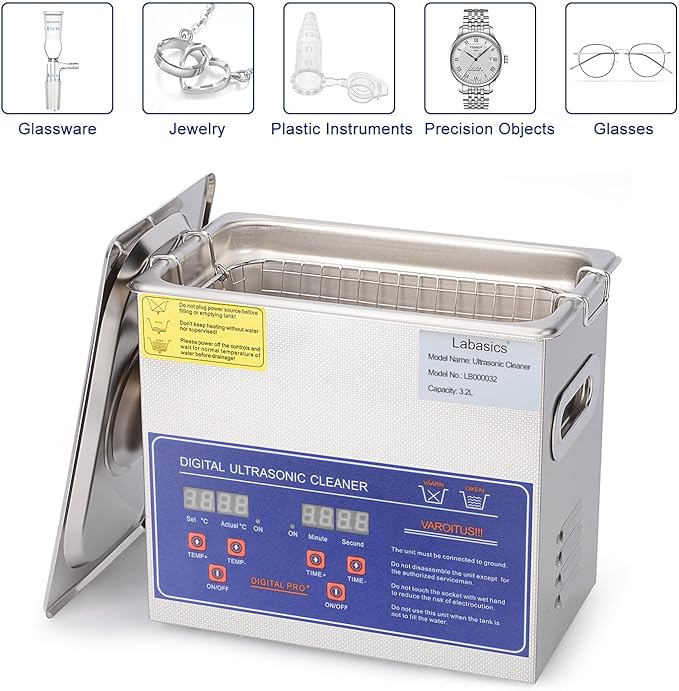 Labasics Ultrasonic Cleaner, Professional All-Purpose Stainless Steel Ultrasonic Washing Device with Digital Display Timer and Heat Control for Laboratory 110V, 3.2L