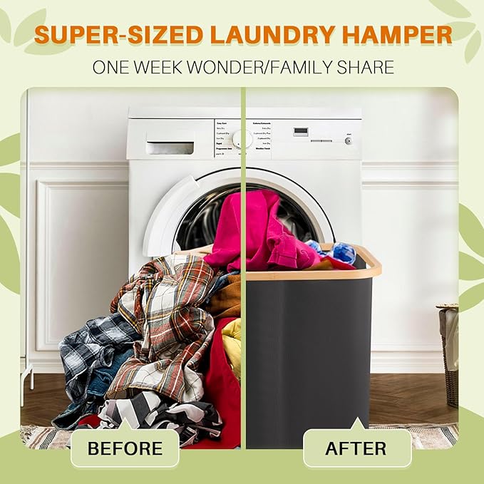 Laundry Hamper with Lid, 160L Dirty Clothes Hamper for Laundry Basket 3 Section, Extra Large Laundry Sorter Hamper 3 Compartment with Removable Inner Bags & Labels, Dark Grey