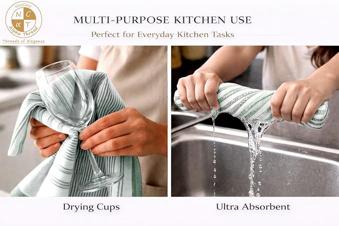 Pack of 6 Cotton Kitchen Towels Set, Dish Towels, Cleaning Rags, Kitchen Dish Cloths for Washing Dishes, Cotton Cleaning Cloths, Ultra Soft, Lightweight & Quick Dry, Flat Weave, 28"x18" (Olive & Gray)