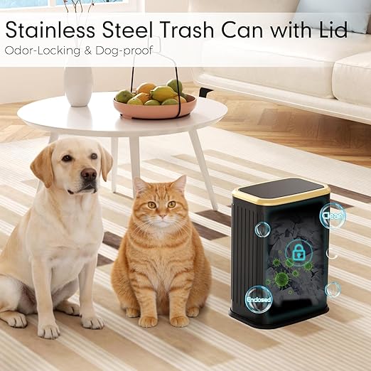 Bathroom Trash Can with Lid 8L/2.1 Gallon Black Trash Can Small Garbage Can with Swing Top Lid Slim Stainless Steel Garbage Can with 100 Counts Trash Bags for Bathroom Bedroom Kitchen Office Toilet