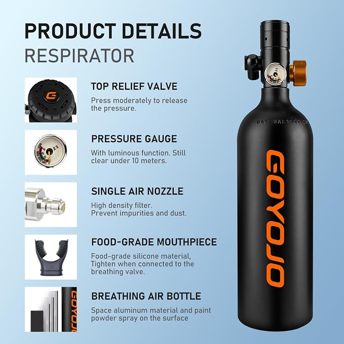 GOYOJO Mini Scuba Tank, Portable Diving Lung Air Tank with DOT Certified, Refillable Emergency Backup Pony Bottle for Snorkeling, Underwater Breathing, Training