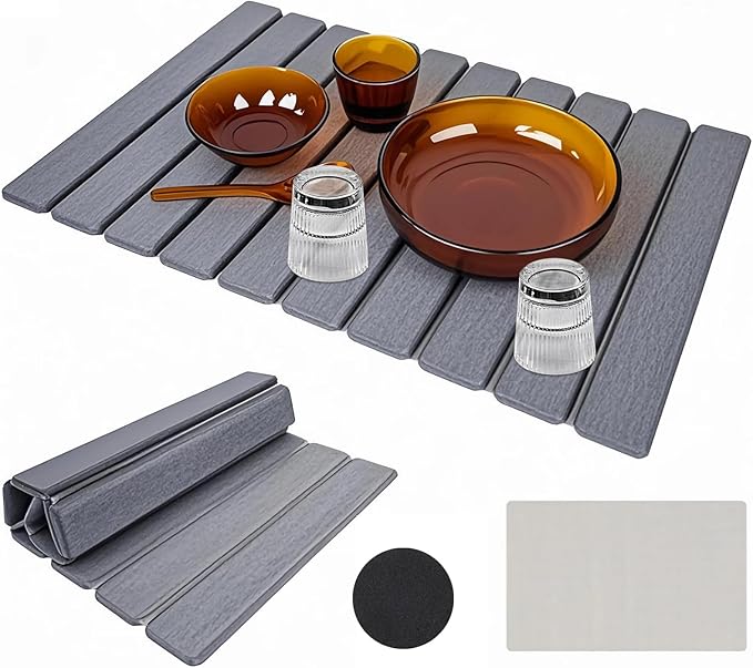 Large Diatomite Kitchen Counter Drying Mat – 24”x16”, Aesthetic Stone Mat for Dishes, Roll-Up Space-Saving & Quick-Drying Stone Rack