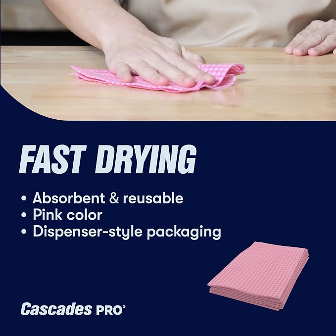 Cascades PRO Tuff-Job Economy Foodservice Towels 1-Ply – Quarterfold Reusable Wipers- Color-Coded to Support Task Separation in Cleaning Programs - 200 Sheets per Pack – W900 – Soft Pink