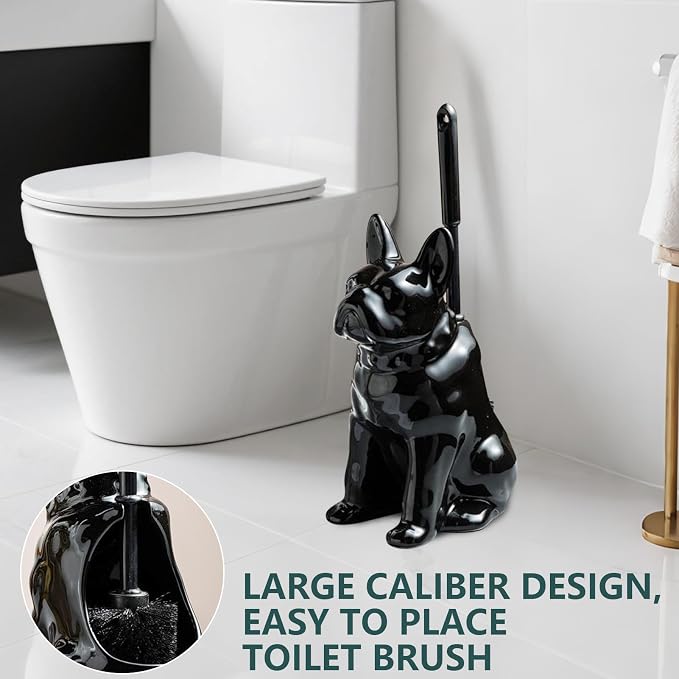 Toilet Brush Holder Set for Bathroom Cute Dog Base Solidly Toilet Bowl Brush Holder and Decorative Bathroom Ceramic Cleaning Kit with Brush and Holder (Black)