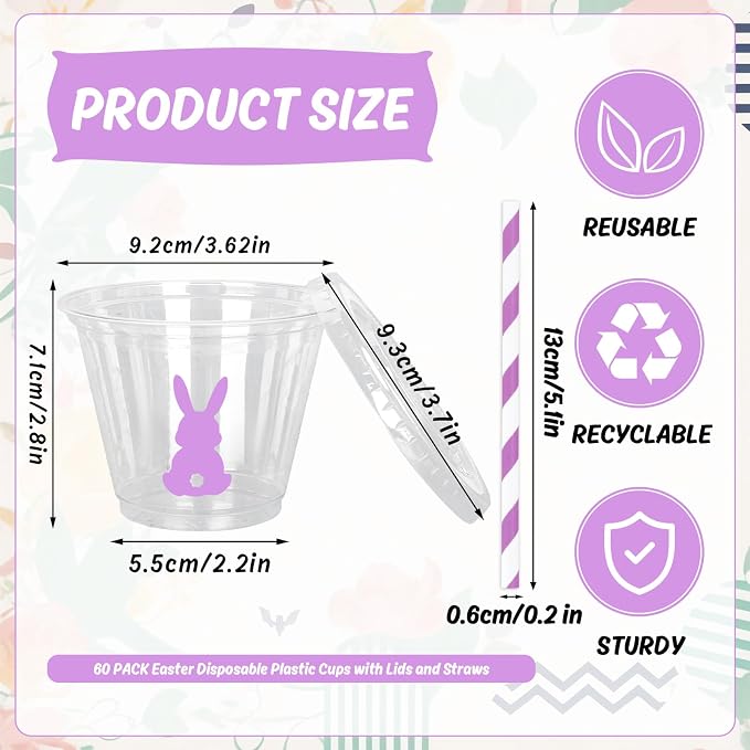 Whaline 60Pcs 9Oz Easter Disposable Plastic Cups with Lids and Straws Candy Color Bunny Rabbit Cold Beverage Drinking Cups for Iced Coffee Smooth Juice Tea Milkshake