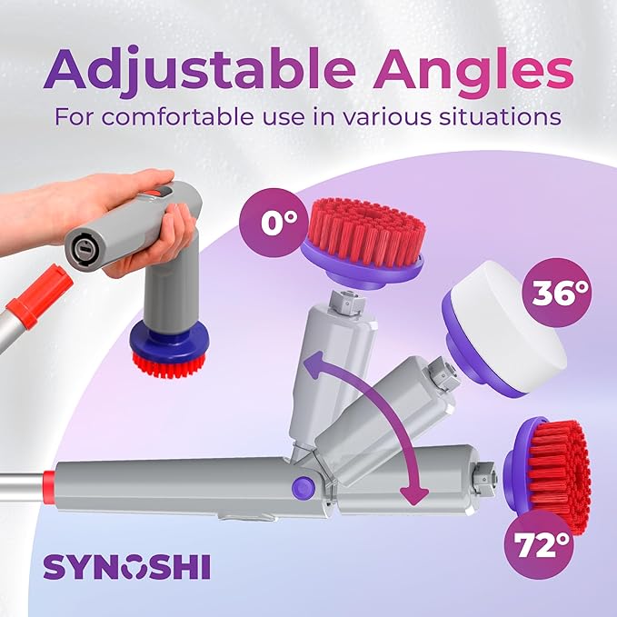 Synoshi PRO Electric Spin Scrubber Bundle – Shower Scrubber with Long Handle Extension & Cone Brush Heads – Bathroom Scrubber, Floor Scrubber & Bathtub Scrubber Electric Cleaning Tool