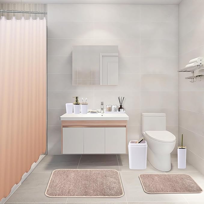 XLHOMO Bathroom Accessory Set–Bathroom Set with Shower Curtain and Rugs, No Slip Bathroom Rugs Super Absorbent,White Ombre Waterproof Shower Curtain with Hooks, White Bathroom Sets Complete for Home
