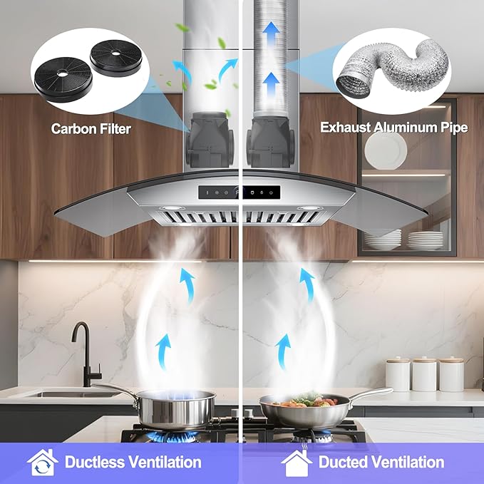 36 inch Island Range Hood 1200 CFM with 4-Speed Gesture Sensing & Touch Control, Ducted/Ductless Stainless Steel Ceiling Mount Kitchen Stove Vent Hoods with 4 LED Lights, Timer,Dishwasher-Safe Filters