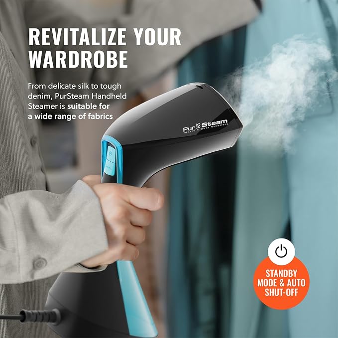 PurSteam Handheld Garment Steamer – 30-Sec Heat-Up, 3 Steam Settings | 1650W | 25-Min Continuous Steam | 8.45 oz Removable Tank | Ceramic Soleplate | Auto Shut-Off | Portable for Home & Travel