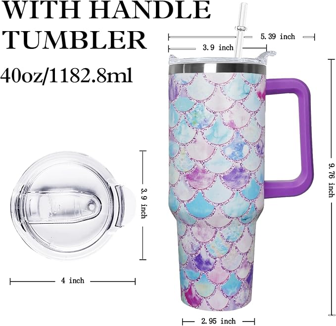 Ceovfoi 40 Oz Mermaid Double Wall Vacuum Stainless Steel Tumbler with Handle Lid and Straw,Watercolor Ocean Cup,Water Bottle,Travel Coffee Mug,Hawaiian Mermaid Decor,Accessories