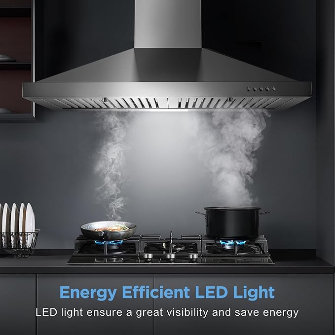 Range Hood 30 inch, Wall Mount Vent Hood in Stainless Steel, Ducted/Ductless Convertible Duct, Kitchen Hood w/Baffle Filters, 3 Speed Fan, Energy Saving LED Light, Push Button Control