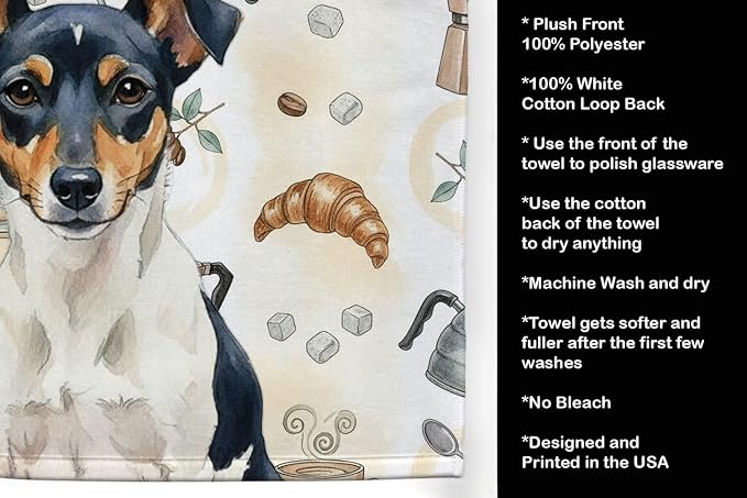 Caroline's Treasures Tricolor Rat Terrier Coffee Bar Kitchen Towel Velour Plush Front and Cotton Loop Back Machine Washable