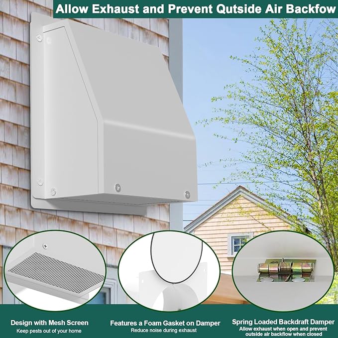 8 Inch Hooded Wall Vent Cover with Screen and Damper, Outdoor Wall Exhaust Vent Cover Wall Cap for Exterior Kitchen Range Hood Ventilation Dryer HVAC Duct Air Exhaust, Galvanized Steel - White
