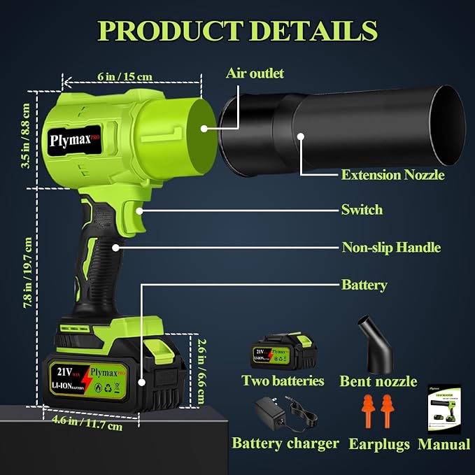 Cordless Leaf Blower, 800,000 RPM Electric Leaf Blower, Handheld Leaf Blower Cordless with 2×4.0Ah Batteries & Charger,Air Blower with 2-Speed Nozzles for Patio,Lawn Care,Dust,Snow & Car Drying