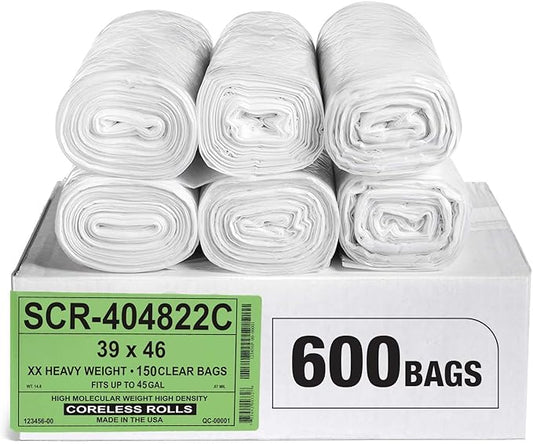 Aluf Plastics 45 Gallon 22 Micron (eq) Premium Clear Trash Bags - 39" x 46" For Office, Kitchen, Bathroom, Commercial, Janitorial, Industrial, & Hospitality (Pack of 600)