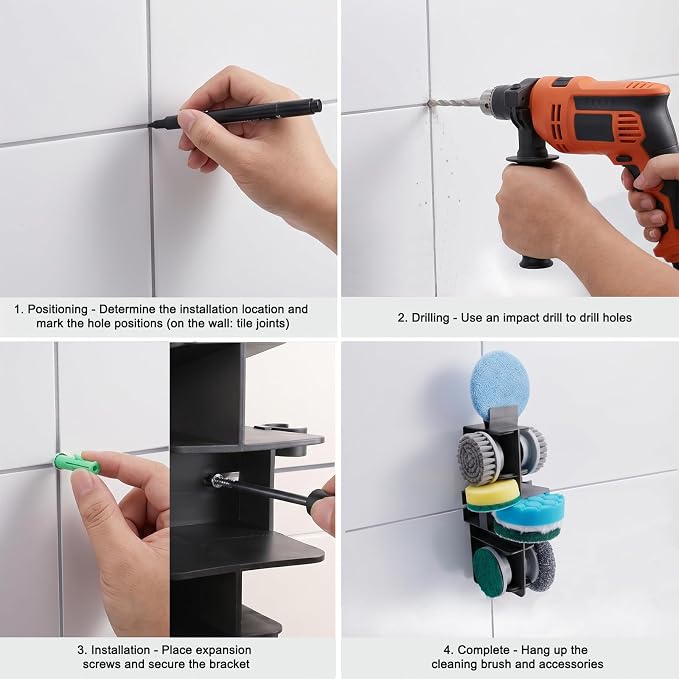Wall Mount Organizer Rack for Electric Spin Scrubber | Handle Dia. under 1 inch,Storage Holder, Cleaning Brush Caddy,Bathroom Kitchen