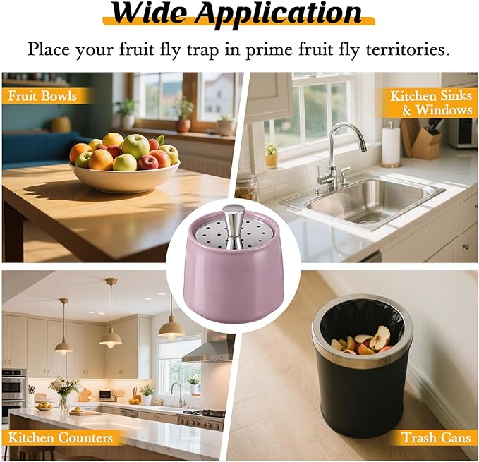Ceramic Fruit Fly Trap for Indoors, Reusable Kitchen Fly Catcher with Stainless Steel Vent Lid, Uses Safe & Natural Vinegar Bait Trap, Dishwasher Safe, Easy to Use(Purple,1 Pack)