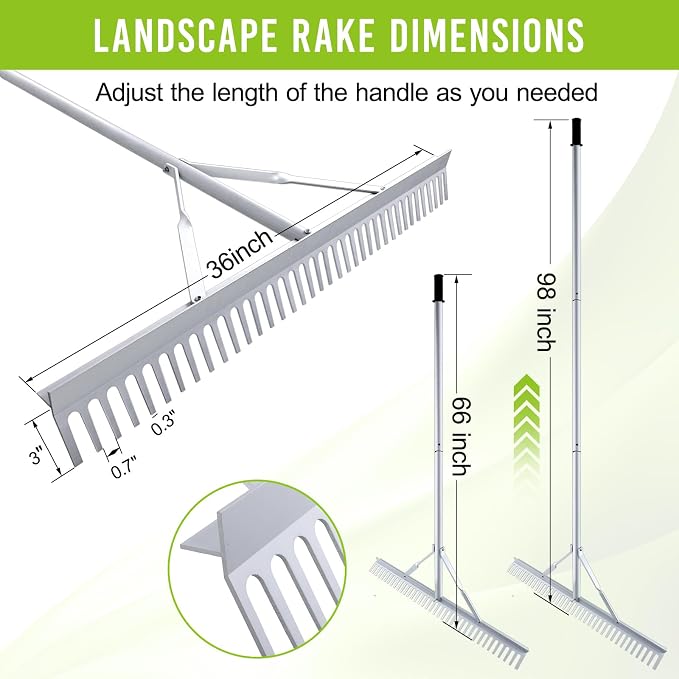 36 Inch Aluminum Landscape Rake | Garden Rake, Heavy Duty, Metal Construction, Loosening Soil