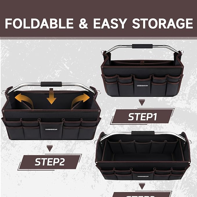 22 In Tool Carrier, Open Top Tool Tote 30 Pockets, Waterproof Tool Bag For Men, Foldable Wide Mouth Electricians Tool Bag, With Stainless Steel Handle and Removable Shoulder Strap